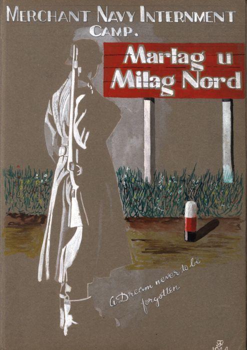 Woman in front of Merchant Navy Internment Camp sign 