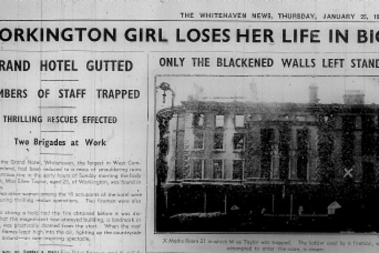 Newspaper cutting on hotel fire